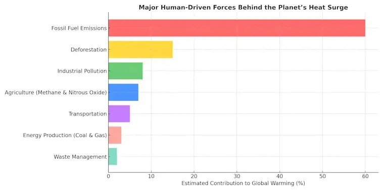 Major Human-Driven Forces Behind the Planets Heat Surge
